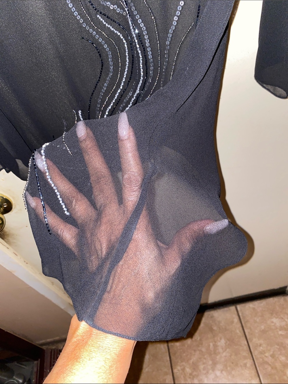 Elegant Black Sheer Mesh Evening Blouse with silver and Gold Sequin Embroidery - Picture 5 of 9